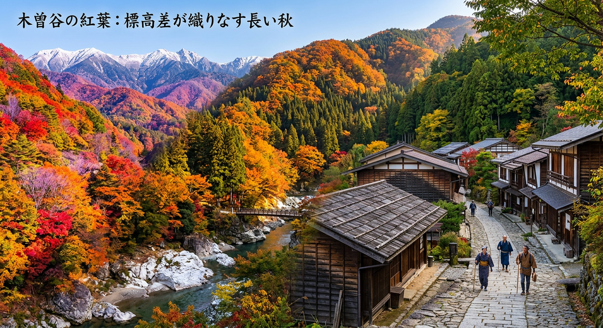 紅葉前線が、1ヶ月かけて山を下りてくる町